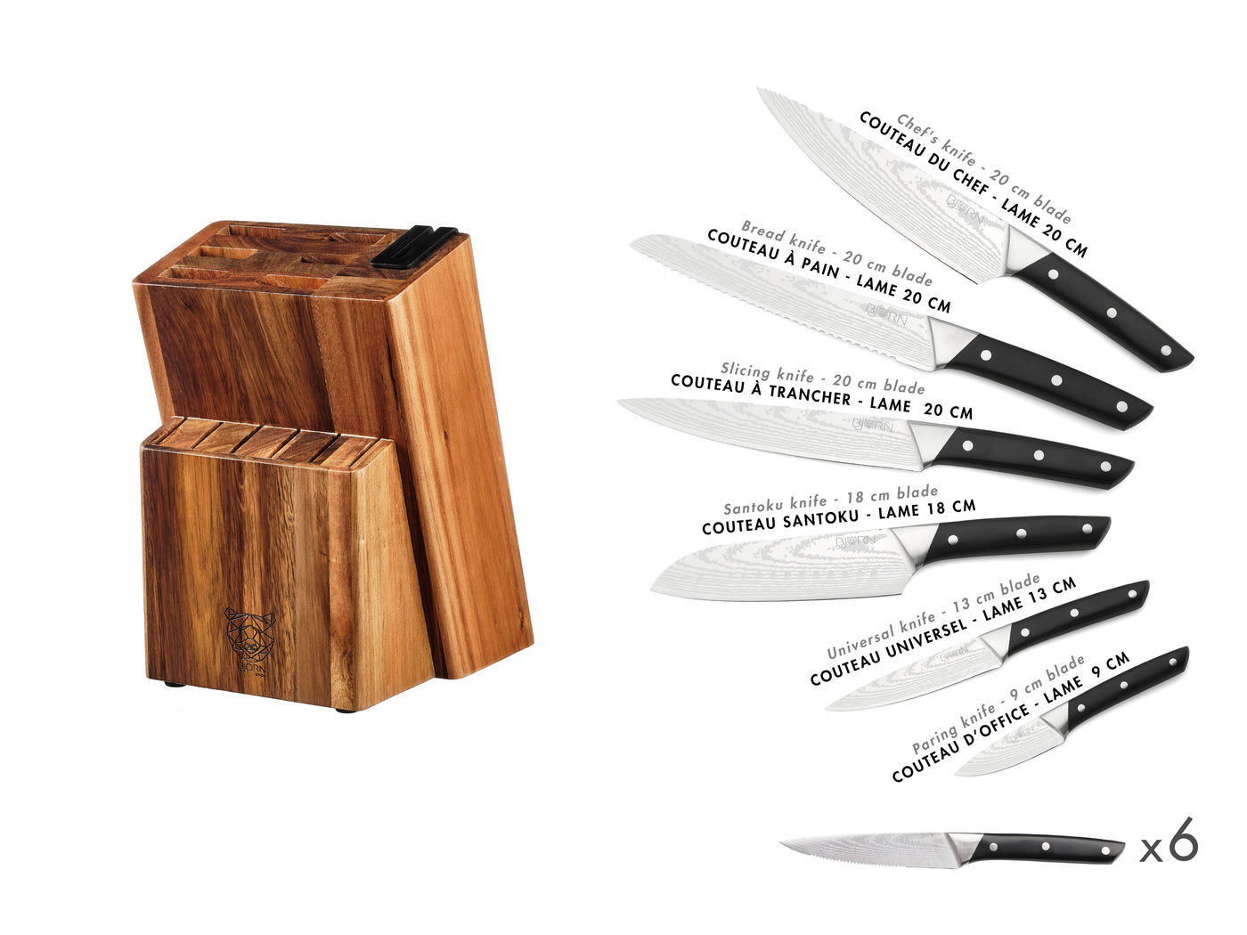 Bloc couteaux de cuisine et couteaux à steak ERLING LOVIISA - 14 pièces